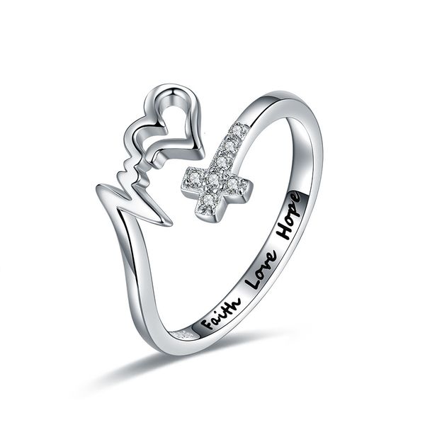 Anneaux de mariage 925 Sterling Silver Cross Faith Hope Love Ring Réglable Inspirational Wrap Jewelry Brithday Cadeaux de Noël pour les femmes Teens 230729