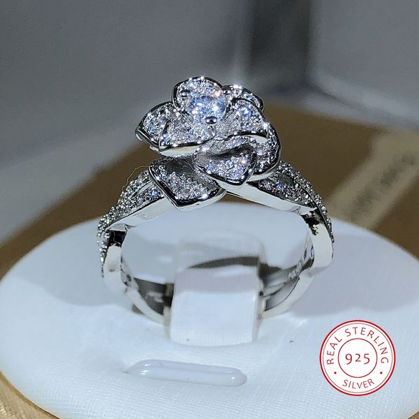 Anneaux De Mariage En Argent Sterling 925 Entrelacés Tridimensionnel Rose Blanc Zircon Plein Diamant Dames Tempérament Élégant Bijoux 230517