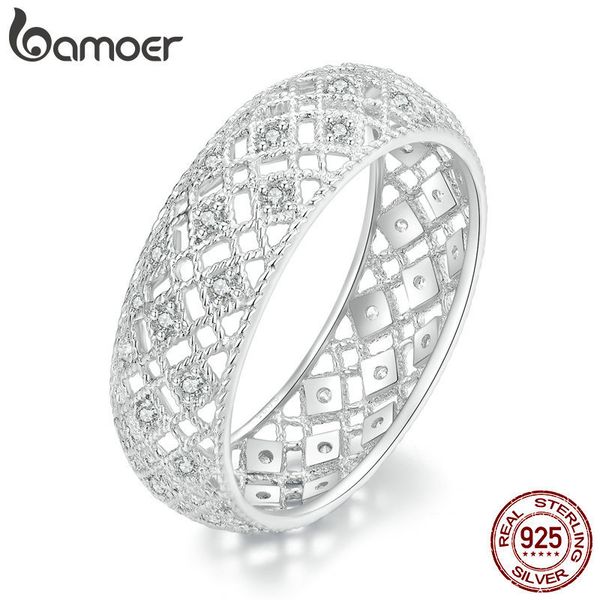 Anillos de bodas Plata de ley 925 Diseño original Patrón hueco Anillo de dedo ancho Pave Ajuste CZ para mujeres Joyería exquisita BSR333 230609