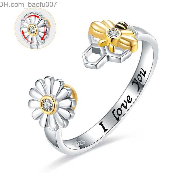 Anneaux de mariage 925 Sterling Silver Spinner Daisy Flower Bee Anneau Réglable Fidget Anxiété Inquiétude Soulagement Du Stress Bijoux Cadeau pour Femmes Hommes Filles Z230711