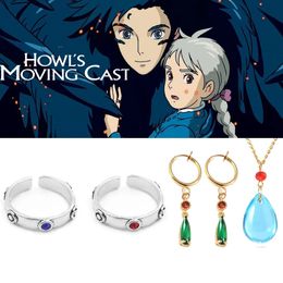 Trouwringen Een set Anime Howl's Moving Castle Cosplay Ring Howl en Sophie Verstelbaar Rood Blauw Kristal voor Dames Heren paar sieraden 231005