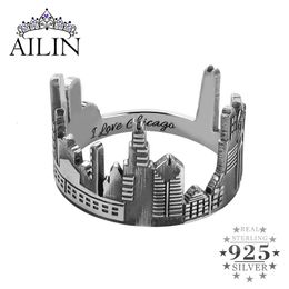 Wedding Rings Ailin Personaliseer Silver 925 Ring Men Dames Custom City CityScape gegraveerde Skyline Aangepaste Fine Jewelry Father Gifts 230815