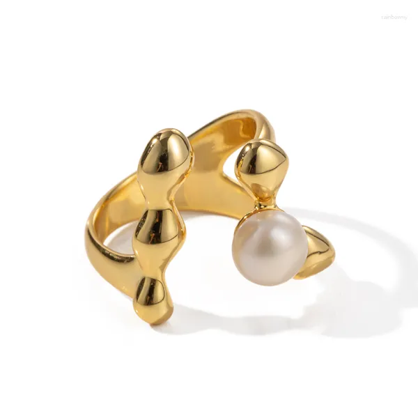 Anillos de boda ALLME INS, abalorio de perlas de agua dulce a la moda para mujer, anillo abierto ajustable Irregular geométrico de latón chapado en oro Real de 18 quilates