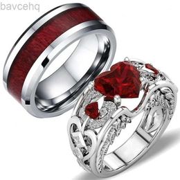 Amvie anneaux de mariage Couple Vintage en acier inoxydable hommes bague romantique coeur Zircon ensemble de bagues de fiançailles de mariée cadeau 24329