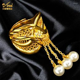 Wedding Rings Aniid Dubai Fashion Design Pearl Pendant vinger voor Bridal 24K Gold Color Tassel Ring Arabisch jubileumgeschenken