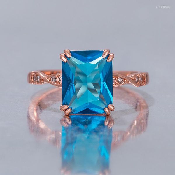 Anneaux de mariage Aqua Blue Crystal Bague de fiançailles fine Zircon violet Pierre carrée pour les femmes Or rose Argent Bandes de couleur Accessoire