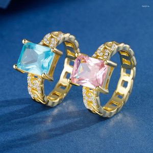 Anillos de boda Aqua Blue Crystal Square Stone Anillo de piedra Elegante Pink Circon Engagement For Women Rose Gold Plate Color Bands Joyería