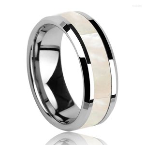 Bruiloft ringen aankomst 8 mm breedte wolfraam carbide band met blanke parelmoer inleg voor man vrouw maat 7-12