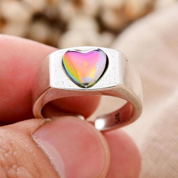 Anillos de boda, llegada, amor romántico, corazón, piedra de ópalo colorida, anillo chapado en platino para mujer, accesorios de joyería de mano, regalos para mujer