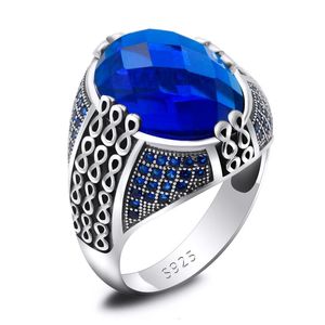 Anneaux de mariage Zircon artificiel S925 argent pur pierre bleue hommes bague classique T rkiye argent ensemble de bijoux bague pour femme 240104