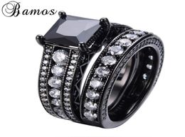 Anneaux de mariage Bamos Black Romantic Black White Zircon Ring Ensembles pour un couple de fête remplie d'or Love ANILLOS RB01504385378