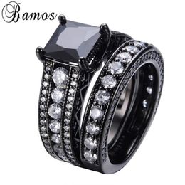 Trouwringen Bamos Romantisch Zwart Wit Zirkoon Ring Sets Voor Paar Gold Filled Party Engagement Liefde Anillos RB0150268N