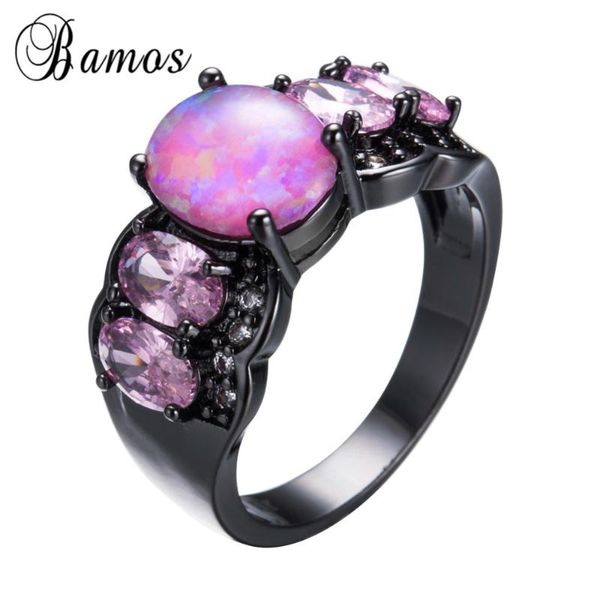 Anillos de boda Bamos Mujeres Lady Oval Pink Fire Opal Ring Black Gold Filled Mystic Party Compromiso Día de San Valentín Anel RB1099
