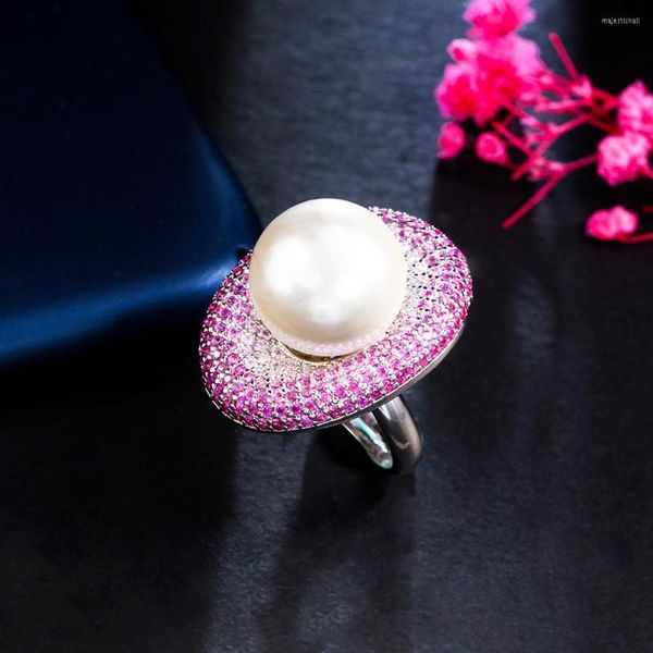 Anneaux de mariage BeaQueen luxe grande perle ouvert doigt réglable pour femmes fille Fuchsia rose cubique zircone bijoux de mariée R116