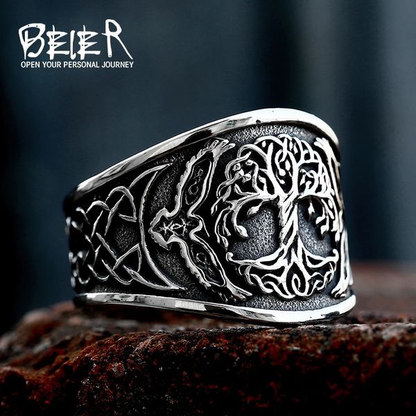 Anneaux de mariage Beiers 316L en acier inoxydable arbre de vie signature anneau classique hommes Viking amulette anneau nordique hommes bijoux en gros 231213