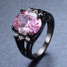 Anéis de casamento grande oval rosa zircão pedra anel vintage moda preto ouro cristal noivado para mulheres jóias presente de natal