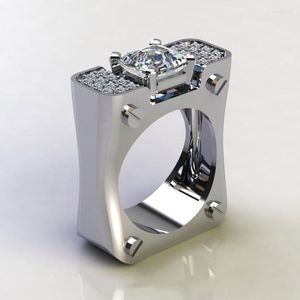 Anneaux De Mariage Grand Rectangle Argent Couleur Anneau Avec Zircon Pierre Pour Homme Enagaement Partie De Mode Bijoux Cadeau S925