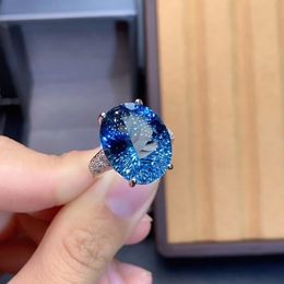 Trouwringen Big Size 13x18 mm Blauwe Topaas Edelsteen Trendy Ring voor Vrouwen Echt 925 Sterling Zilveren Fijne Sieraden Geboortesteen Cadeau 221130