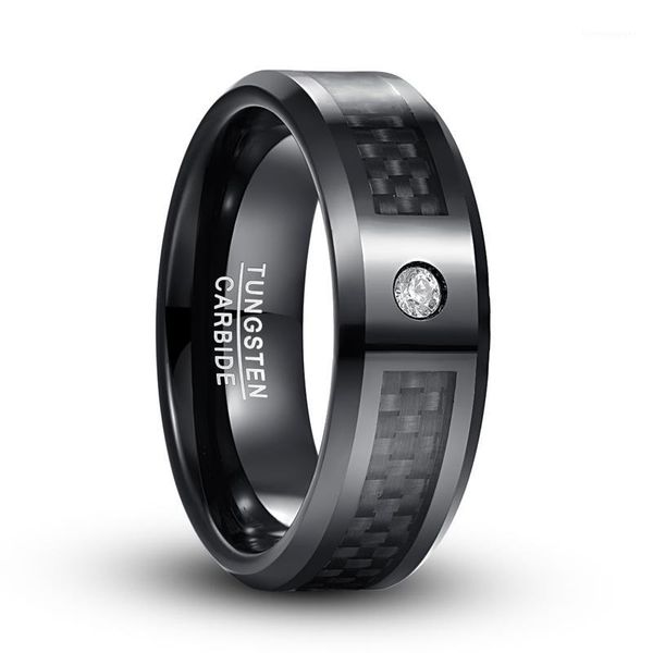 Anillos de boda de acero de tungsteno de ángulo oblicuo de fibra de carbono negro para hombres, banda de cristal pulido galvanizado, joyería femenina 1