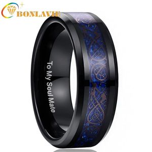 Anillos de boda Dragón azul Carburo de tungsteno Soul Mate Anillo Hombres Joyería 8 mm Chapado ancho Regalo negro para el marido