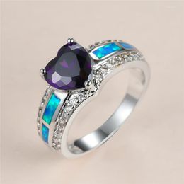Wedding Rings Blue Fire Opal Ring Purple Heart Stone voor vrouwen sieraden vintage mode zirkoon zilveren kleurbetrokkenheid geschenken