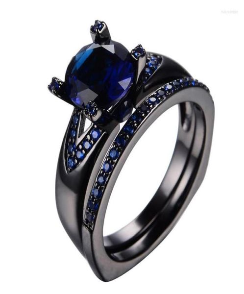 Anillos de boda Azul Ronda Red Round Zircon Ring para mujeres Regalos de joyas de joyería de oro negro relleno de oro negro vintage 8704152