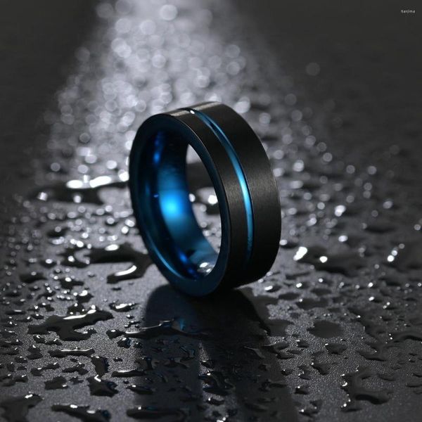 Anneaux de mariage bleu titane 8mm hommes bijoux noir rainure mat acier inoxydable fiançailles fête cadeau anniversaire