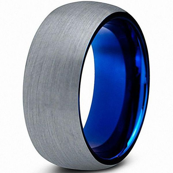 Anillos de boda Bandas de tungsteno azules Color plateado Acabado cepillado con compromiso IP plateado