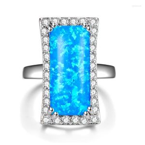 Anneaux de mariage Boho bleu blanc opale de feu bague magnifique grande pierre couleur argent bandes bijoux promesse fiançailles pour les femmes