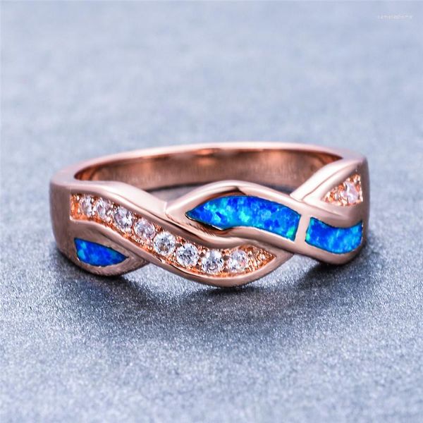 Anillos de boda Boho femenino azul fuego ópalo anillo de piedra cristal rosa oro cruz linda promesa amor compromiso para las mujeres