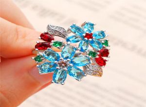 Bagues de mariage Boho Femme Blue Flower Ring Fashion Silver Color Band pour femmes Small Red Green Stone Engagement Bridal5031487