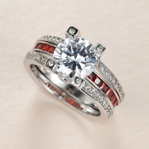 Anneaux de mariage nuptiale luxe Couple anneau couleur argent rouge Zircon pierre ronde ensemble femme fiançailles pour les femmes fête bijoux