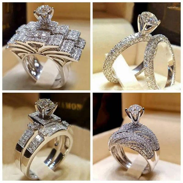 Anillos de boda Conjunto nupcial elegante para mujeres Color plateado Joyería de moda de compromiso con anillo femenino Cubiz Zircon brillante completo