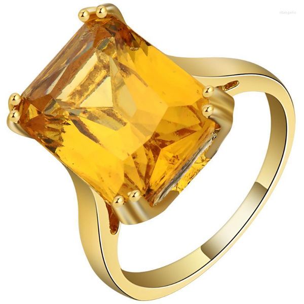 Anillos de boda Brillante Grande Amarillo Cubic Zirconia Anillo de diseño cuadrado Color dorado Exquisito Bandas personalizadas Dedo para mujeres Accesorios Rita22