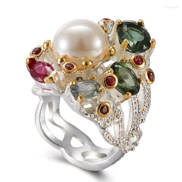 Anneaux De Mariage Acheter Bague De Mode Avec Perle Multi Coloré Pierre Noir Or Couleur Conception Unique Fête Anniversaire Cadeau Wynn22