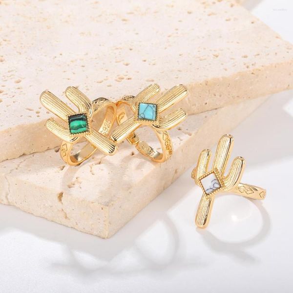 Anneaux De Mariage Cactus Turquoise Anneau Opale Pierre Naturelle Fourchette Ouverture Réglable Pour Les Femmes En Acier Inoxydable Tendance Femme Bijoux Cadeaux