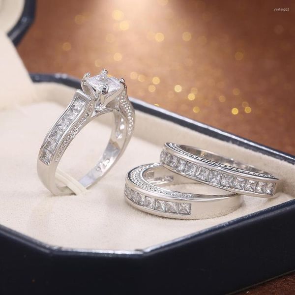 Anillos de boda Caoshi 3pcs/set Ring de color plateado para mujeres Elegantes pareja regalos brillantes cz encanto de piedra verdadero set tamaño 5-12