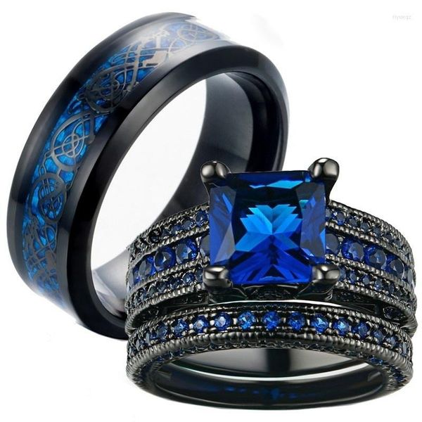 Anneaux de mariage Charme Couple Bague Homme Acier Inoxydable Zircon Bleu Ensembles Femme Bandes Saint Valentin Cadeau Amoureux