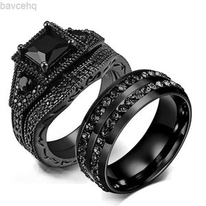 Anneaux de mariage Charme Couple anneaux romantique noir strass femme anneaux ensemble hommes deux rangées noir CZ pierre en acier inoxydable anneau bijoux de mariage 24329