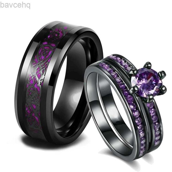 Anneaux de mariage Charme Couple anneaux romantique violet strass femmes anneaux ensemble à la mode hommes en acier inoxydable celtique Dragon anneau bijoux de mode 24329