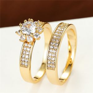 Wedding Rings Charm Gold Color Engagement Sets Shining White Zircon Wedding Set Girl Luxury Crystal Snowflake Double for Women 230505