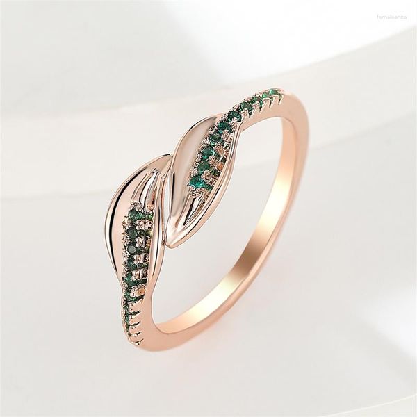 Anillos de boda con abalorio de hoja de planta para mujer, Color oro rosa, bandas de piedra de circón verde, anillo de compromiso apilable, joyería de fiesta femenina