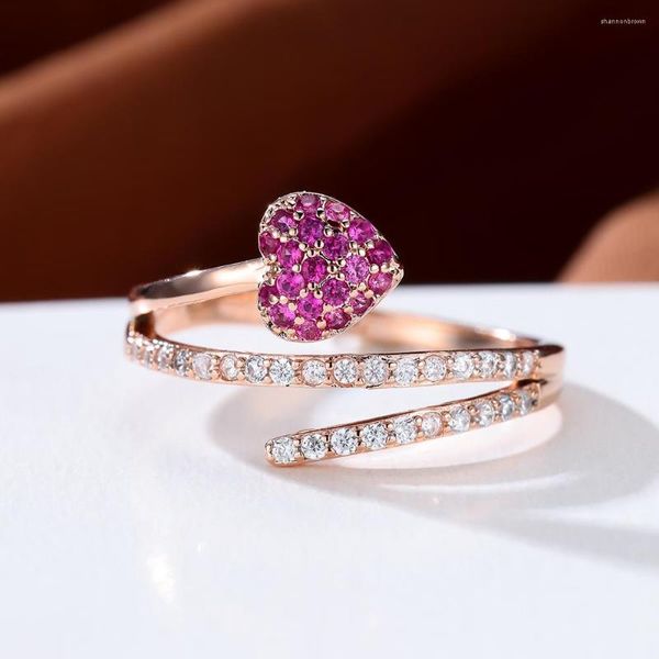 Anneaux De Mariage Charme Rose Rouge Pierre Coeur D'amour Pour Les Femmes Or Couleur Ins Blanc Zircon Bandes Bague De Fiançailles Bijoux De Mariée CZ