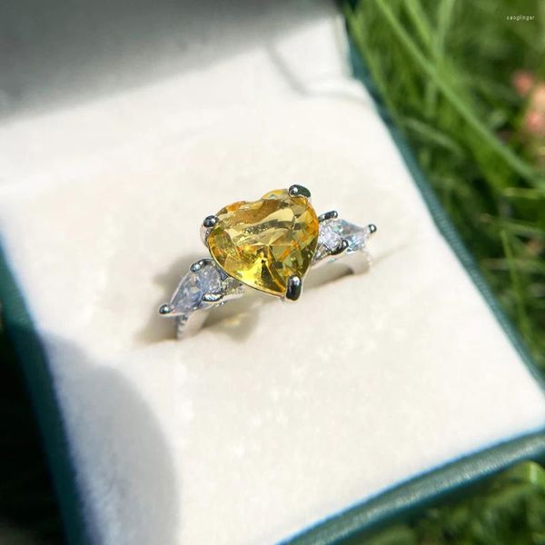 Anillos de boda encantador amarillo grande cristal circón amor corazón para mujeres color plata anillo de piedra joyería de moda de lujo