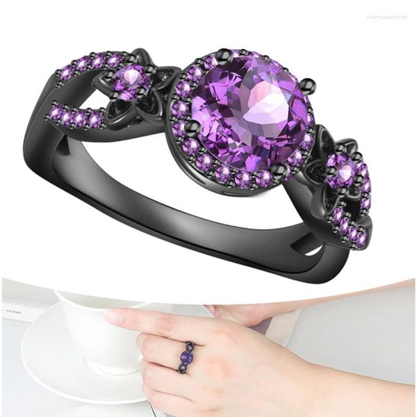 Anneaux de mariage breloques cristal violet fleur pour filles fête doigt accessoires à la mode noir argent plaque anneau femmes bijoux