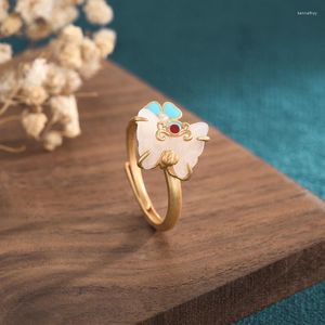 Anillos de boda estilo chino Cloisonne esmalte Color mariposa blanco Jade anillo Micro incrustaciones perla oro abierto ajustable para mujer joyería