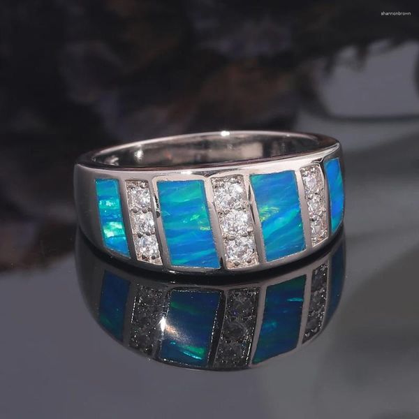 Anillos de boda CiNily creado azul fuego ópalo anillo cúbico circonio moda plateado compromiso para mujeres joyería regalos