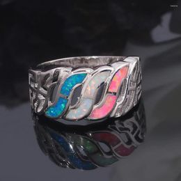 Anneaux de mariage CiNily créé bleu blanc rose opale de feu creux argent plaqué anneau bijoux de mode au détail pour les femmes taille 5-11