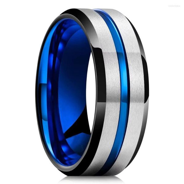 Anillos de boda Clásico 8 mm Ranura azul Acero de titanio para hombres Color plata Anillo inoxidable cepillado Joyería de banda unisex