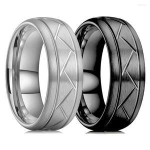 Wedding Rings Classic 8 mm koepelvormig diagonale groove zwart titanium staal voor mannen zilveren kleur geborstelde veelzijdige ringband